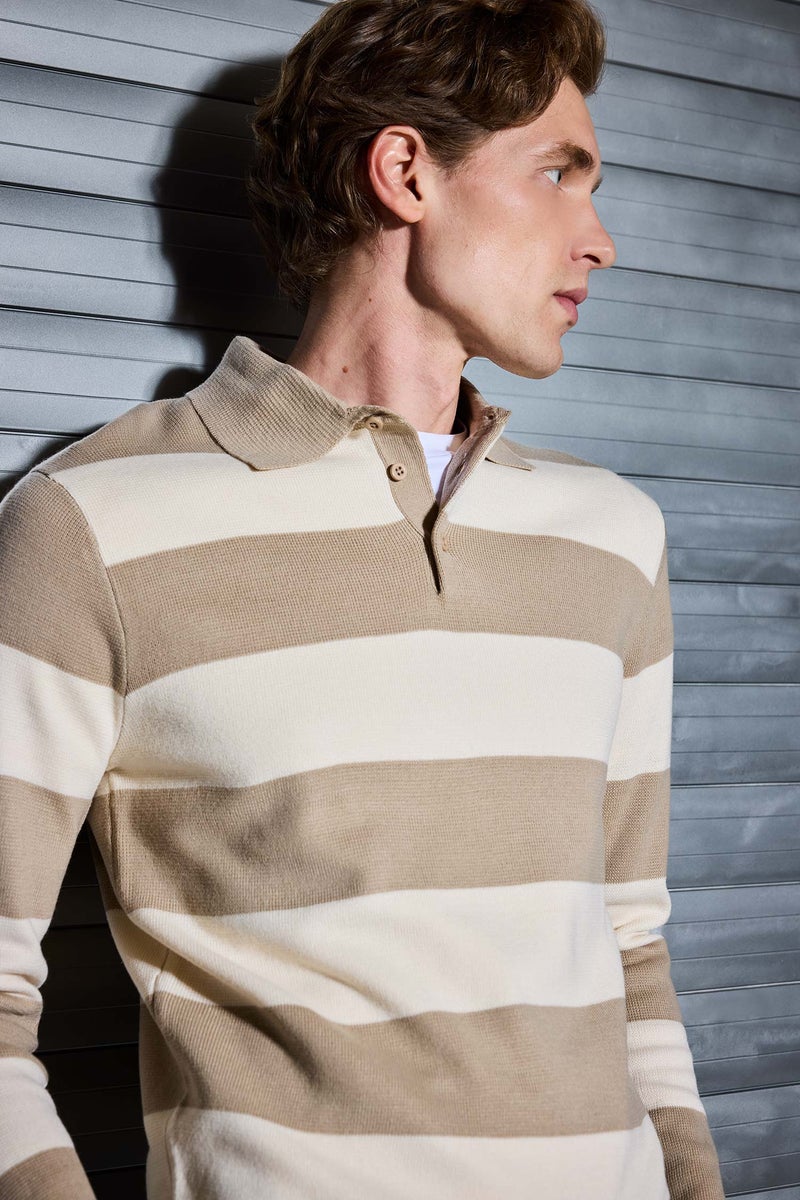 DeFacto Beige Man Standard Fit Polo Collar Knitwear Pullover Casual - Image 3
